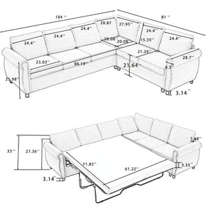 English Elm New L Shaped Sectional Sleeper Sofa Six Seat Pull Out Bed with Riveted Polyester Upholstery W2108S00134