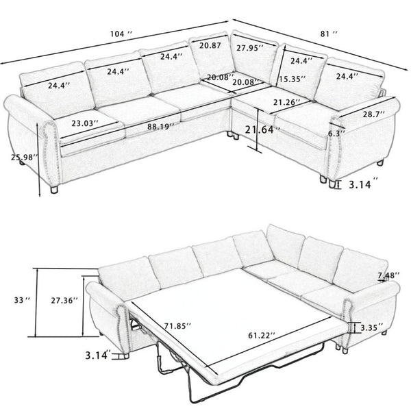 English Elm New L Shaped Sectional Sleeper Sofa Six Seat Pull Out Bed with Riveted Polyester Upholstery W2108S00134