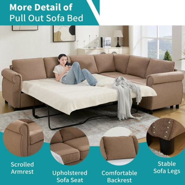 English Elm New L Shaped Sectional Sleeper Sofa Six Seat Pull Out Bed with Riveted Polyester Upholstery W2108S00134