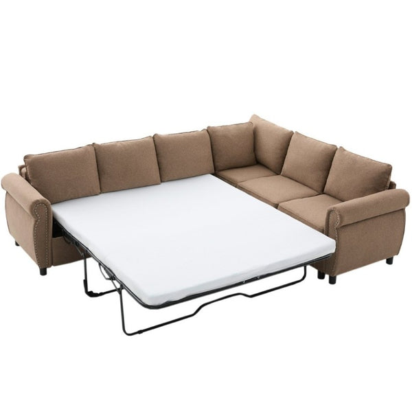 English Elm New L Shaped Sectional Sleeper Sofa Six Seat Pull Out Bed with Riveted Polyester Upholstery W2108S00134