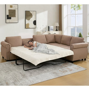 English Elm New L Shaped Sectional Sleeper Sofa Six Seat Pull Out Bed with Riveted Polyester Upholstery W2108S00134