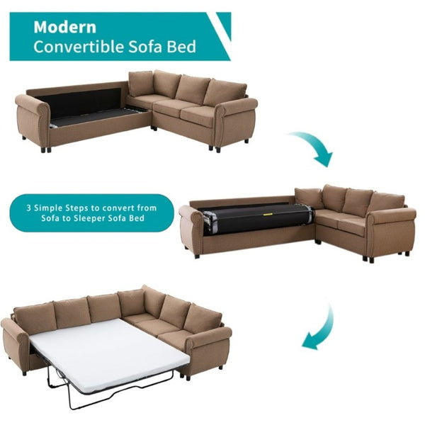 English Elm New L Shaped Sectional Sleeper Sofa Six Seat Pull Out Bed with Riveted Polyester Upholstery W2108S00134