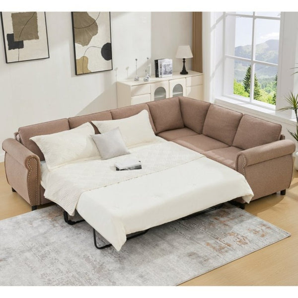English Elm New L Shaped Sectional Sleeper Sofa Six Seat Pull Out Bed with Riveted Polyester Upholstery W2108S00134