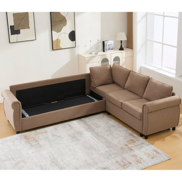 English Elm New L Shaped Sectional Sleeper Sofa Six Seat Pull Out Bed with Riveted Polyester Upholstery W2108S00134
