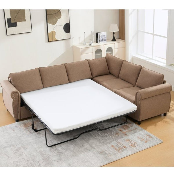 English Elm New L Shaped Sectional Sleeper Sofa Six Seat Pull Out Bed with Riveted Polyester Upholstery W2108S00134