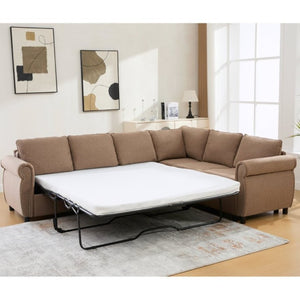 English Elm New L Shaped Sectional Sleeper Sofa Six Seat Pull Out Bed with Riveted Polyester Upholstery W2108S00134