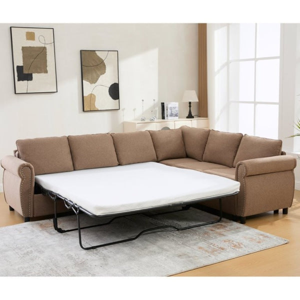 English Elm New L Shaped Sectional Sleeper Sofa Six Seat Pull Out Bed with Riveted Polyester Upholstery W2108S00134