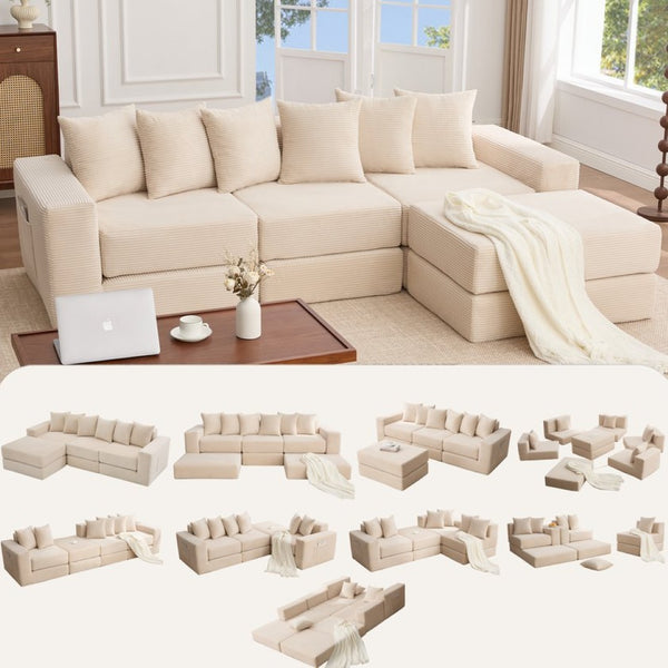 English Elm [new Arrived] Corduroy Modular Sectional Converts 10 Ways Floor Sleeper Lounge Living Room Beige W2108S00147