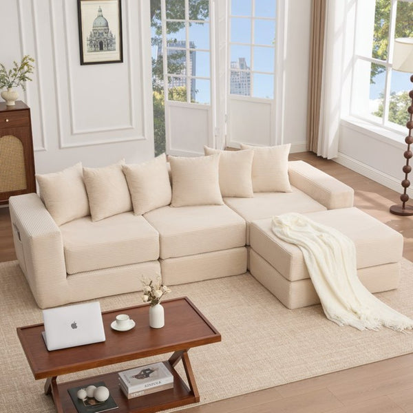 English Elm [new Arrived] Corduroy Modular Sectional Converts 10 Ways Floor Sleeper Lounge Living Room Beige W2108S00147