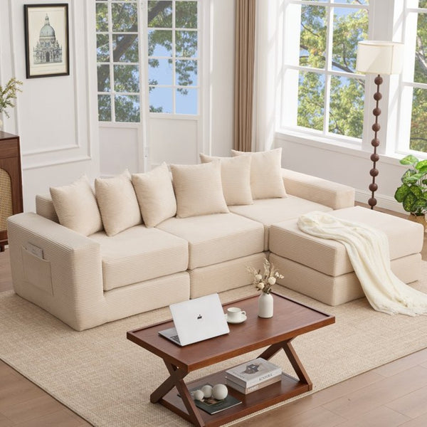 English Elm [new Arrived] Corduroy Modular Sectional Converts 10 Ways Floor Sleeper Lounge Living Room Beige W2108S00147