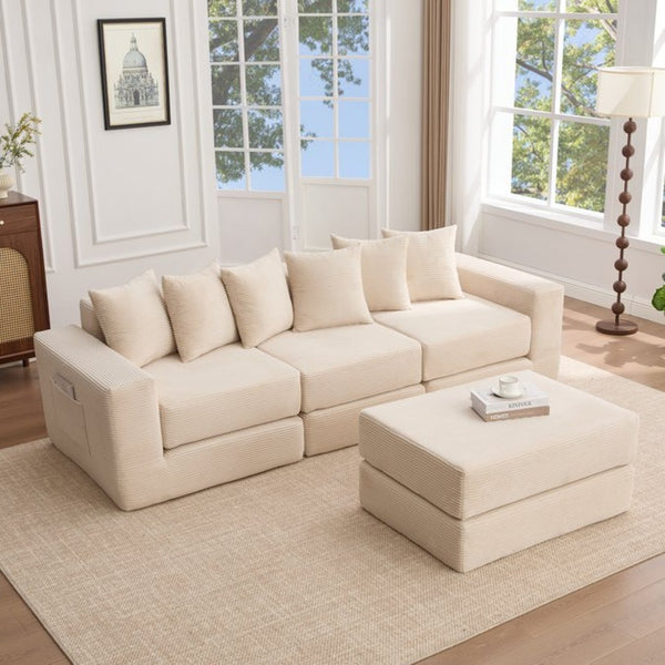 English Elm [new Arrived] Corduroy Modular Sectional Converts 10 Ways Floor Sleeper Lounge Living Room Beige W2108S00147