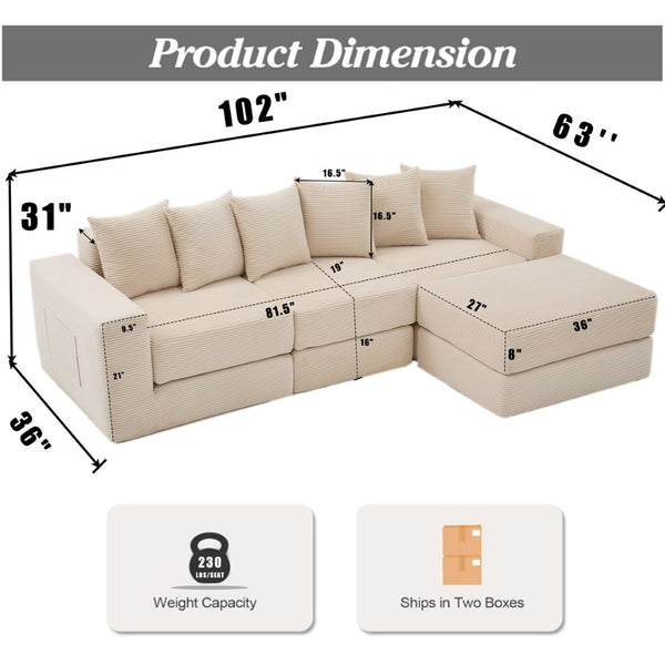 English Elm [new Arrived] Corduroy Modular Sectional Converts 10 Ways Floor Sleeper Lounge Living Room Beige W2108S00147