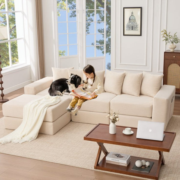 English Elm [new Arrived] Corduroy Modular Sectional Converts 10 Ways Floor Sleeper Lounge Living Room Beige W2108S00147