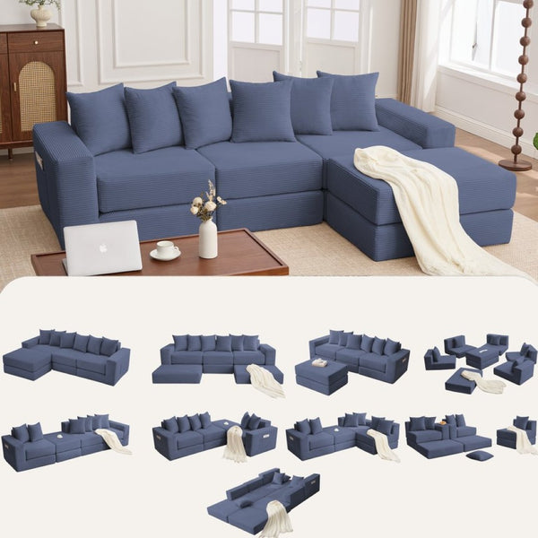 English Elm [new Arrived] Corduroy Modular Sectional Converts 10 Ways Floor Sleeper Lounge Living Room Blue W2108S00148