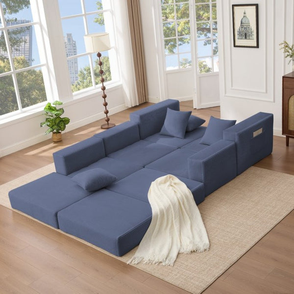English Elm [new Arrived] Corduroy Modular Sectional Converts 10 Ways Floor Sleeper Lounge Living Room Blue W2108S00148
