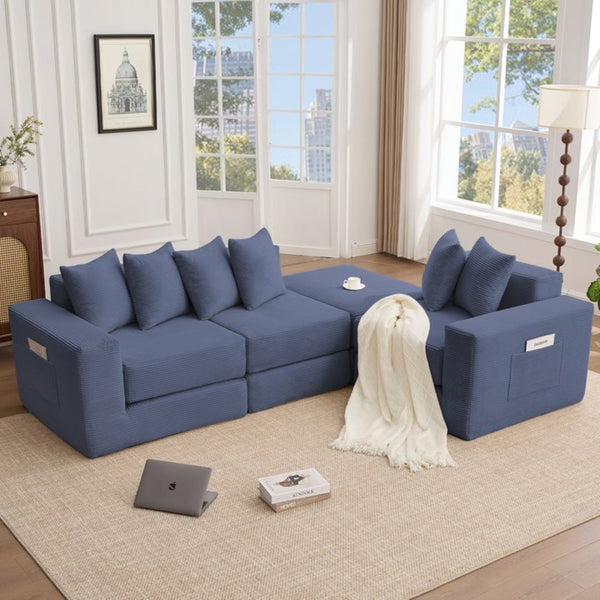 English Elm [new Arrived] Corduroy Modular Sectional Converts 10 Ways Floor Sleeper Lounge Living Room Blue W2108S00148