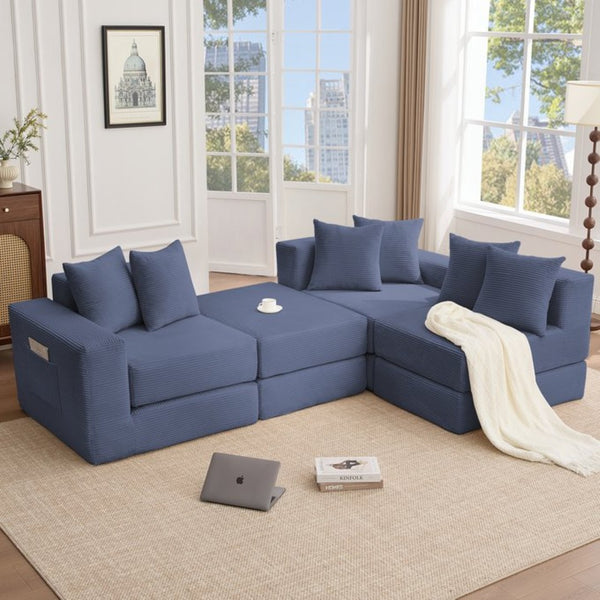 English Elm [new Arrived] Corduroy Modular Sectional Converts 10 Ways Floor Sleeper Lounge Living Room Blue W2108S00148