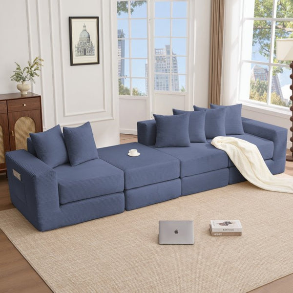 English Elm [new Arrived] Corduroy Modular Sectional Converts 10 Ways Floor Sleeper Lounge Living Room Blue W2108S00148
