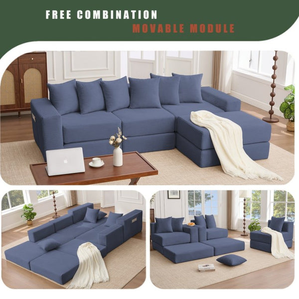 English Elm [new Arrived] Corduroy Modular Sectional Converts 10 Ways Floor Sleeper Lounge Living Room Blue W2108S00148