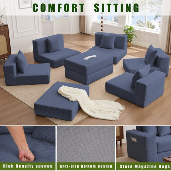 English Elm [new Arrived] Corduroy Modular Sectional Converts 10 Ways Floor Sleeper Lounge Living Room Blue W2108S00148