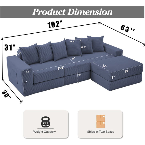 English Elm [new Arrived] Corduroy Modular Sectional Converts 10 Ways Floor Sleeper Lounge Living Room Blue W2108S00148
