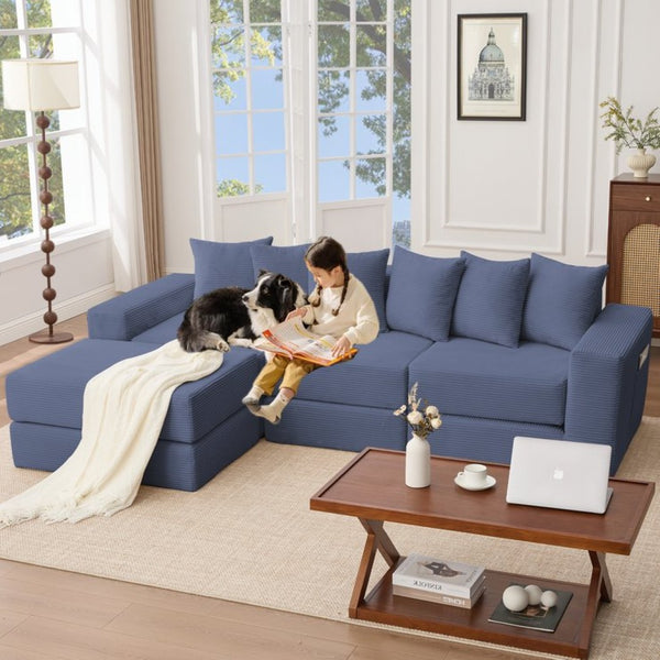 English Elm [new Arrived] Corduroy Modular Sectional Converts 10 Ways Floor Sleeper Lounge Living Room Blue W2108S00148