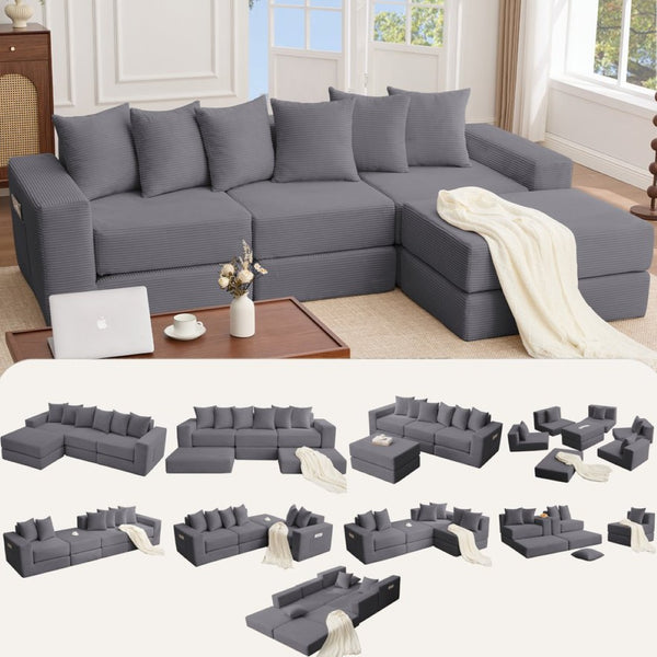 English Elm [new Arrived] Corduroy Modular Sectional Converts 10 Ways Floor Sleeper Lounge Living Room Dark Gray W2108S00149