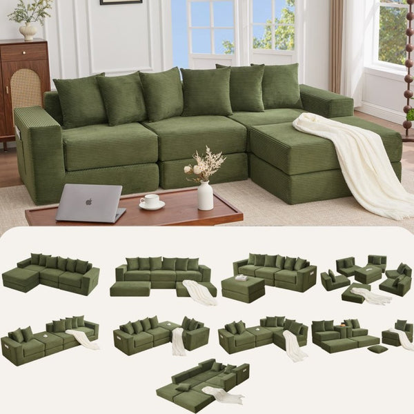 English Elm [new Arrived] Corduroy Modular Sectional Converts 10 Ways Floor Sleeper Lounge Living Room Green W2108S00150