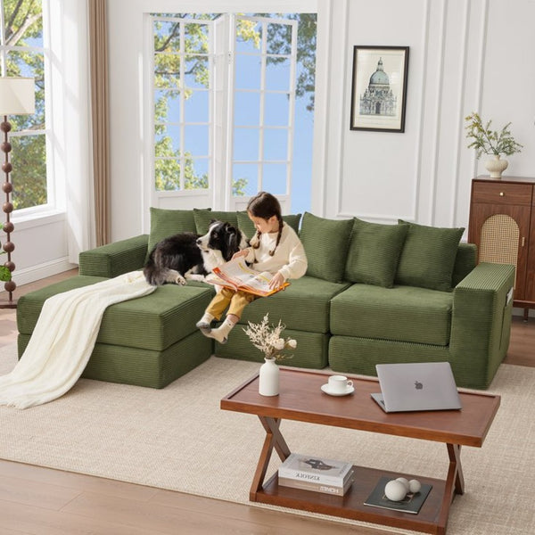 English Elm [new Arrived] Corduroy Modular Sectional Converts 10 Ways Floor Sleeper Lounge Living Room Green W2108S00150