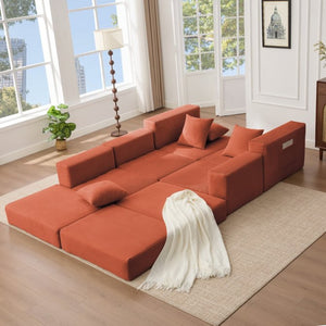 English Elm [new Arrived] Corduroy Modular Sectional Converts 10 Ways Floor Sleeper Lounge Living Room Orange W2108S00151