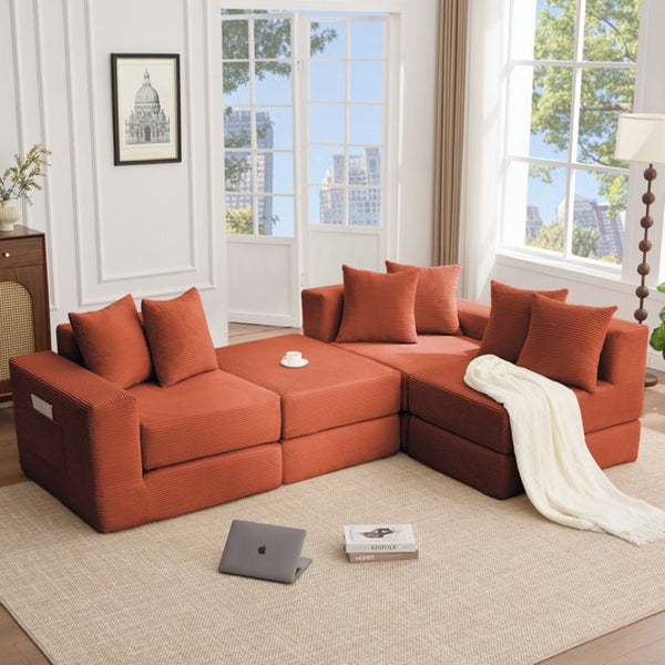 English Elm [new Arrived] Corduroy Modular Sectional Converts 10 Ways Floor Sleeper Lounge Living Room Orange W2108S00151