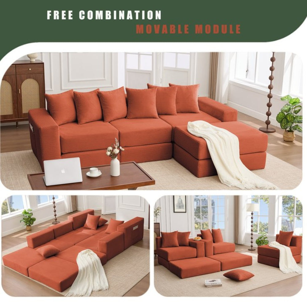 English Elm [new Arrived] Corduroy Modular Sectional Converts 10 Ways Floor Sleeper Lounge Living Room Orange W2108S00151