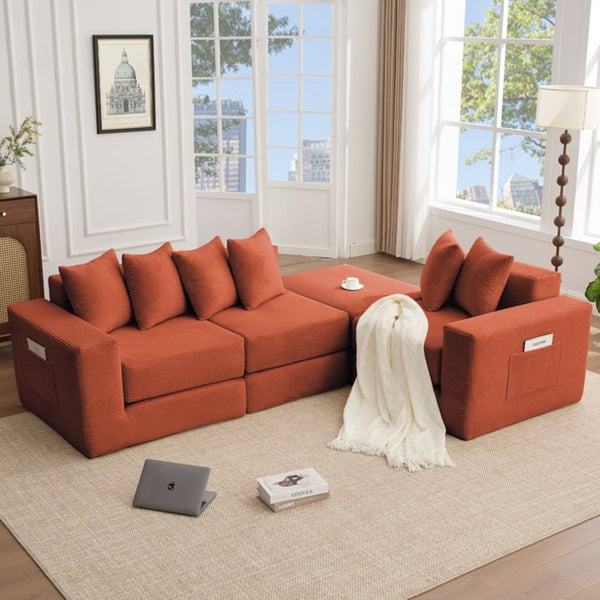 English Elm [new Arrived] Corduroy Modular Sectional Converts 10 Ways Floor Sleeper Lounge Living Room Orange W2108S00151