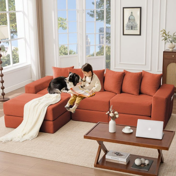 English Elm [new Arrived] Corduroy Modular Sectional Converts 10 Ways Floor Sleeper Lounge Living Room Orange W2108S00151