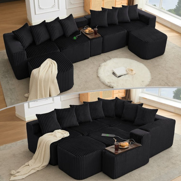 English Elm New Corduroy U Shaped Modular Sectional Sofa with Wireless Charging and Six Seat Comfort W2108S00155