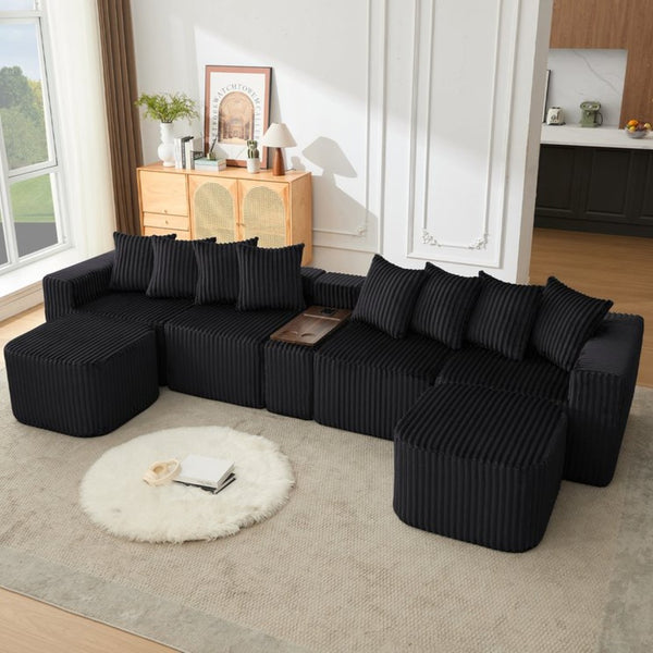 English Elm New Corduroy U Shaped Modular Sectional Sofa with Wireless Charging and Six Seat Comfort W2108S00155