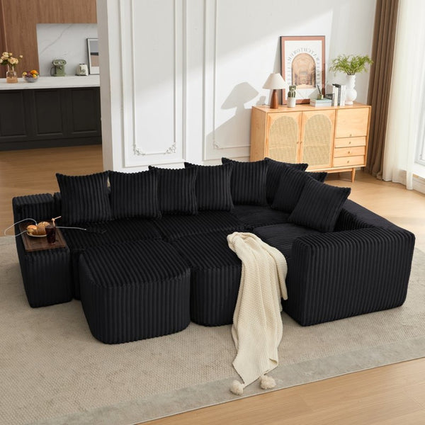 English Elm New Corduroy U Shaped Modular Sectional Sofa with Wireless Charging and Six Seat Comfort W2108S00155
