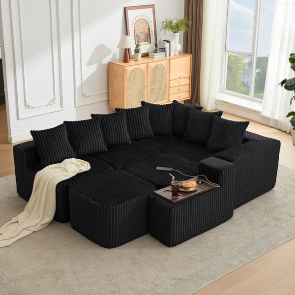 English Elm New Corduroy U Shaped Modular Sectional Sofa with Wireless Charging and Six Seat Comfort W2108S00155