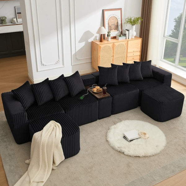 English Elm New Corduroy U Shaped Modular Sectional Sofa with Wireless Charging and Six Seat Comfort W2108S00155
