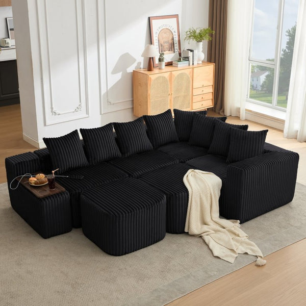 English Elm New Corduroy U Shaped Modular Sectional Sofa with Wireless Charging and Six Seat Comfort W2108S00155