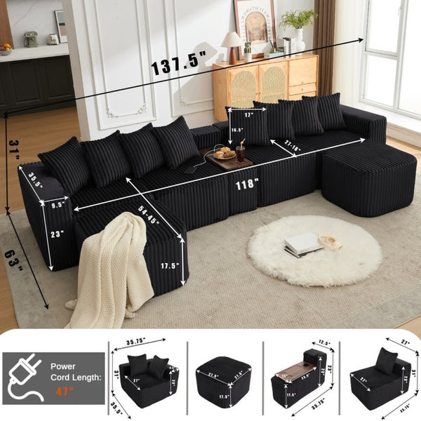 English Elm New Corduroy U Shaped Modular Sectional Sofa with Wireless Charging and Six Seat Comfort W2108S00155