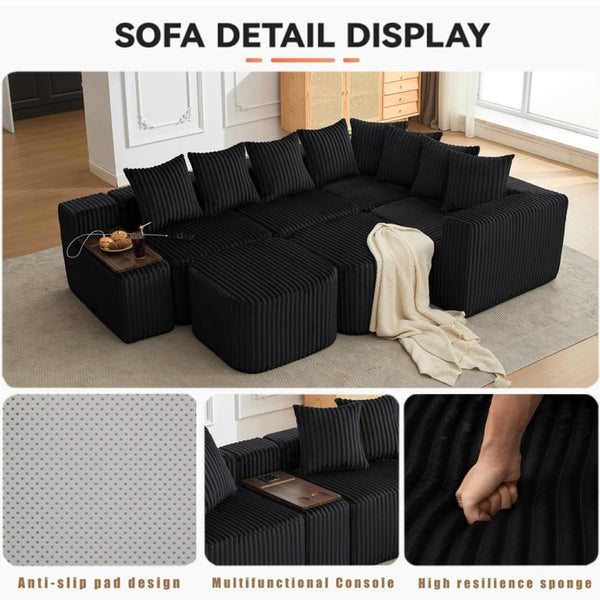 English Elm New Corduroy U Shaped Modular Sectional Sofa with Wireless Charging and Six Seat Comfort W2108S00155