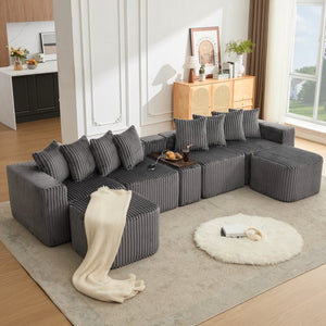 English Elm New Modular U Shaped Sectional Sofa Corduroy Six Seat with Wireless Charging Console W2108S00156