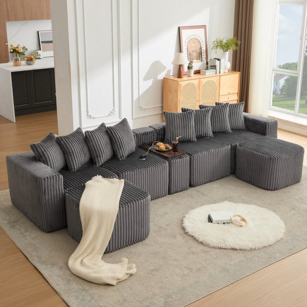 English Elm New Modular U Shaped Sectional Sofa Corduroy Six Seat with Wireless Charging Console W2108S00156