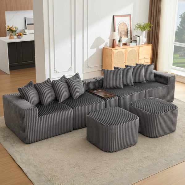 English Elm New Modular U Shaped Sectional Sofa Corduroy Six Seat with Wireless Charging Console W2108S00156