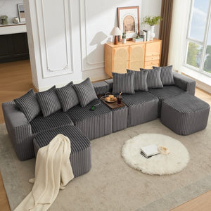 English Elm New Modular U Shaped Sectional Sofa Corduroy Six Seat with Wireless Charging Console W2108S00156