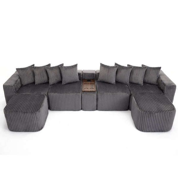 English Elm New Modular U Shaped Sectional Sofa Corduroy Six Seat with Wireless Charging Console W2108S00156