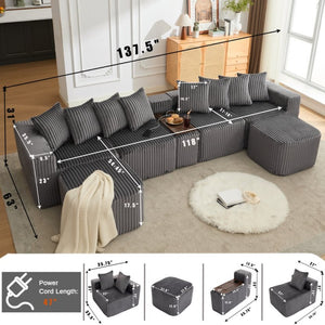 English Elm New Modular U Shaped Sectional Sofa Corduroy Six Seat with Wireless Charging Console W2108S00156