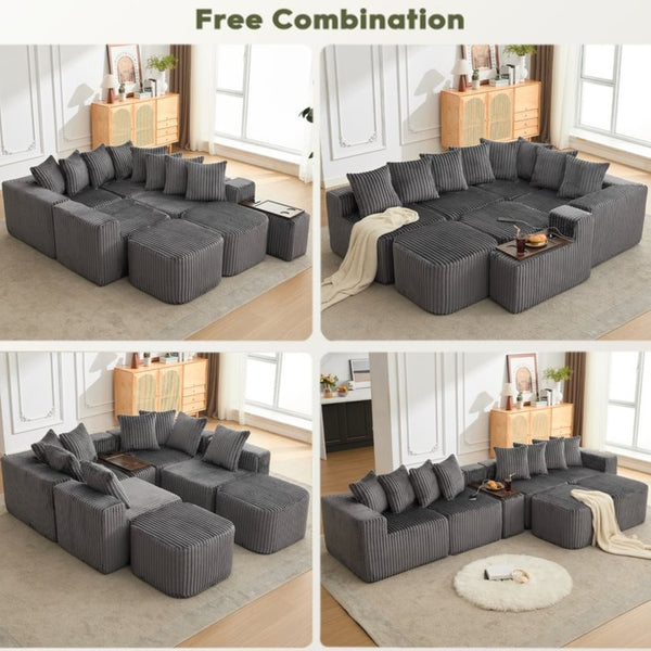 English Elm New Modular U Shaped Sectional Sofa Corduroy Six Seat with Wireless Charging Console W2108S00156