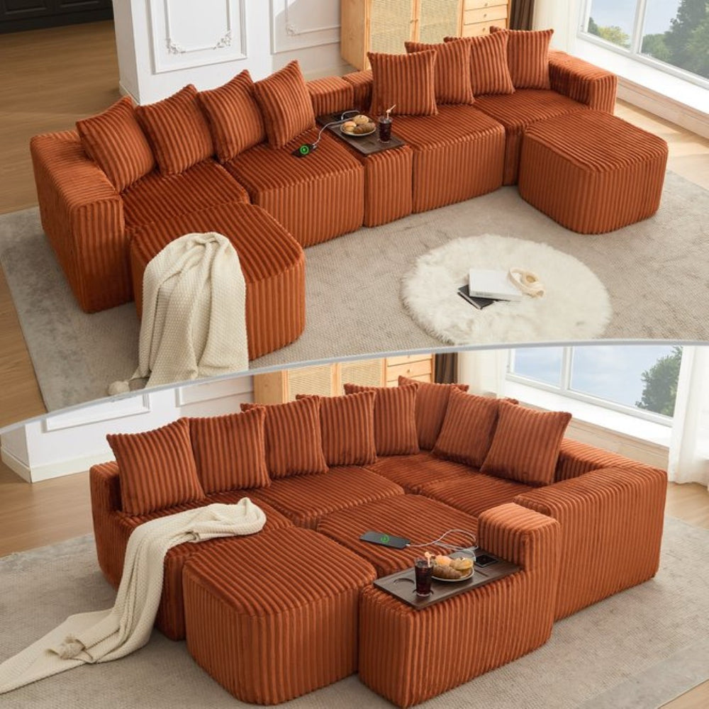 English Elm New U Shaped Corduroy Sectional with Built in Charging Console and Movable Footstool W2108S00157